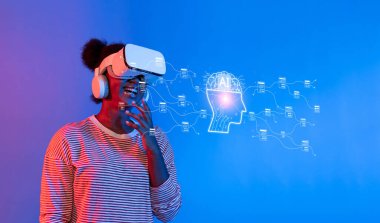 Sanal gerçeklik deneyiminin tadını çıkaran bir kişi, yapay zeka ve veri yönetimi kavramlarıyla çevrili, teknolojide yenilik ve yaratıcılık sergiliyor. XDMCP