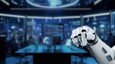 Bir robot el, teknolojinin, iletişimin ve yenilikçi dijital çözümlerin geleceğini sembolize eden yapay zeka grafikleriyle dinamik bir etkileşim içindedir. Auvana
