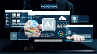 Modern bir çalışma alanında yenilik ve veri analizini ön plana çıkaran çoklu dijital ekranların yer aldığı yapay zekanın dinamik bir çizimi. Dörtgen