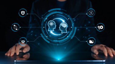 Yapay zeka mühendisliği, büyük veri ve yapay zeka makinesi kavramında yapay zeka beyin işlemcisiyle iş desteği için üretken yapay zeka kullanmayı öğrenen insan etkileşimi. Kullanıcı Kimliği