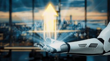 Robotik bir el modern şehir ortamında teknoloji ve iş analizlerinde yenilik ve ilerlemeyi sembolize eden parlayan bir büyüme tablosu tutuyor. Auvana