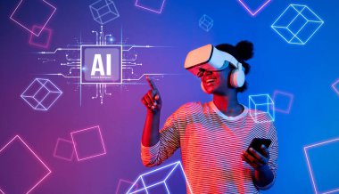 Sanal gerçeklik kulaklığı takan neşeli bir kadın, yapay zeka yeniliğini ve modern teknolojiyi sembolize eden canlı ve büyüleyici bir ortamda dijital elementlerle karşılaşır. XDMCP