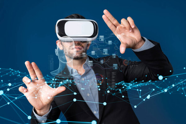 A professional in a suit engages with innovative virtual reality technology. The image highlights the integration of generative AI and data analytics for business solutions. XDMCP