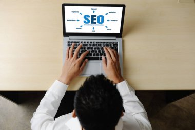 Model e-ticaret için SEO arama motoru optimizasyonu ve bilgisayar ekranında gösterilen çevrimiçi perakende işi