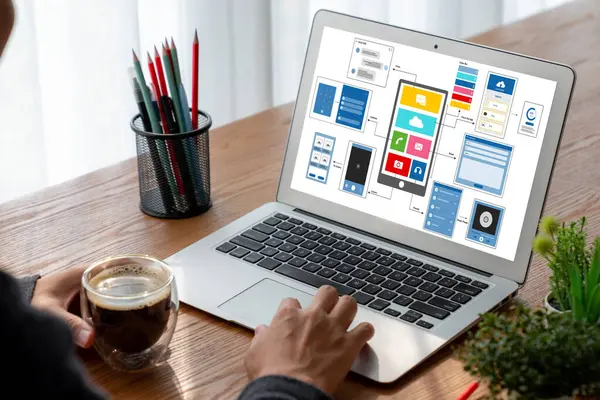 Model mobil uygulama ve web sitesi için UX UI tasarım süreci. Profesyonel uygulama geliştiricisi için kablo grafiğinin yaratıcı prototipi .
