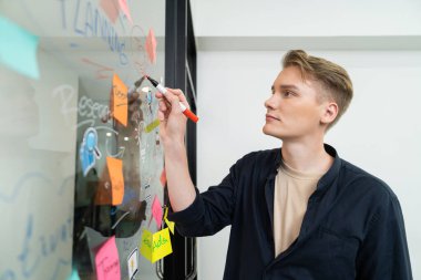 Modern toplantı odasındaki cam tahtaya zihin haritası ve yapışkan notlar kullanarak profesyonel beyaz erkek lider yazma ve pazarlama fikrini paylaşıyor. Yaratıcı iş ve planlama konsepti. Tertemiz..