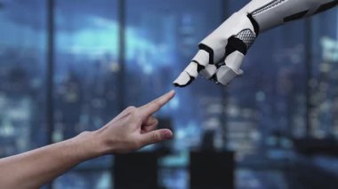 Fütürist dijital alışveriş ortamında insan parmaklarıyla etkileşen robot bir el, kullanıcı deneyimini geliştirmek için çeşitli çevrimiçi alışveriş simgeleri ve teknolojileri sergiliyor. Auvana