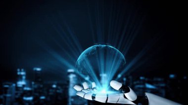 Gelecekçi robot yapay zeka yapay zeka yapay zekayı aydınlatıyor ve makine öğrenme kavramını geliştiriyor. İnsan hayatının geleceği için küresel robot biyonik bilim araştırması. 3B görüntüleme grafiği.