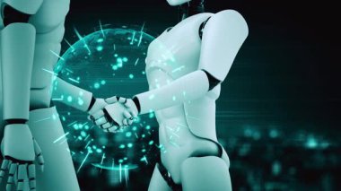 3D rendering hominoid robot handshake to collaborate future technology development by AI thinking brain, artificial intelligence and machine learning process for 4th industrial revolution.
