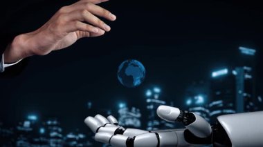 Gelecekçi robot yapay zeka yapay zeka yapay zekayı aydınlatıyor ve makine öğrenme kavramını geliştiriyor. İnsan hayatının geleceği için küresel robot kuantum bilimi araştırması. 3B görüntüleme grafiği.