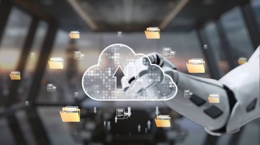 Fütürist bir robotik kol, gün batımında gösterişli bir ofis ortamında dijital veri yönetimini gösteren bulut hesaplama simgeleriyle uğraşır. Gelişmiş teknoloji iş başında. Auvana