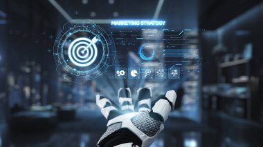 Gelecekçi bir robotik el, modern çalışma alanındaki çeşitli pazarlama stratejilerini gösteren, yeniliği ve gelişmiş teknolojiyi sembolize eden holografik bir ekrana bağlanır. Auvana