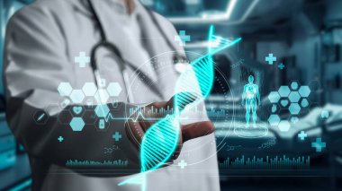 Bulanık geçmişi olan, laboratuvarda yüzen DNA örneği hologramına işaret eden zeki doktorlara yaklaş. Tıp çalışanı genetik bozukluk teşhisi için tıbbi verilere bakıyor ve erişiyor. İyileştirici.