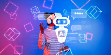 Sanal gerçeklik ortamında yapay zeka sohbet robotu asistanını gösteren fütüristik bir sahne, kullanıcı etkileşimi ve gelişmiş öğrenme için gelişmiş teknoloji ve otomasyon sergiliyor. XDMCP