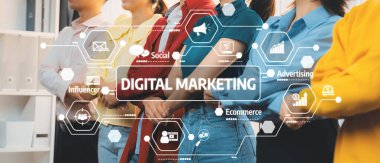 Infographics ve Icons Depicting Çeşitli Çevrimiçi Pazarlama Kavramları ile Dijital Pazarlama Stratejileri İlgili Çeşitli Profesyoneller Grubu. Dostluk