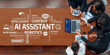 Yapay zeka stratejisi tartışmalarına katılan, veri madenciliği, robot bilimi ve iş büyümesi için Chatbot yeniliklerine odaklanan farklı bir ekibin yer aldığı dinamik ofis toplantısı. Dostluk