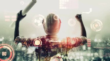 Gelecekteki bina inşaatı ve HUD hologram grafik tasarımı ile yaratıcı mühendislik projesi konsepti. İnşaat mühendisi, mimar ya da inşaat işçisi modern sivil teknoloji ile çalışıyor..