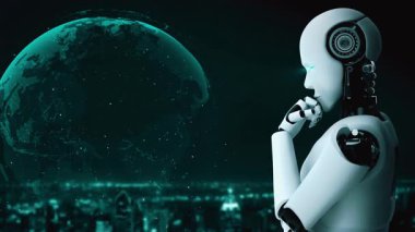 AI robot huminoid uses cloud computing technology to store data on online server . Futuristic concept of cloud information storage analyzed by machine learning process . 3D rendering .