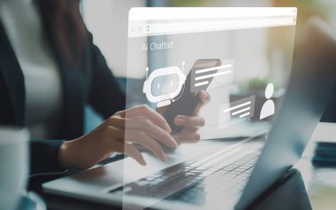 Yapay zeka sanal asistanı Chatbot ile yapay zeka konsepti ile insan etkileşimi, yapay zeka mühendisliği, LLM yapay zeka derin öğrenimi iş desteği için üretken yapay zeka kullanımı. EIDE