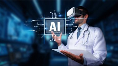 Bir sağlık uzmanı, modern bir tıbbi ortamda tıbbın ve yapay zekanın kesişimini gösteren sanal gerçeklik teknolojisini kullanır. PHMT