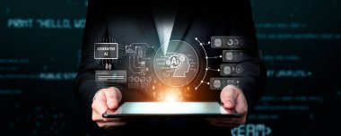 Yapay zeka sanal asistanı Chatbot ile yapay zeka konsepti ile insan etkileşimi, yapay zeka mühendisliği, LLM yapay zeka derin öğrenimi iş desteği için üretken yapay zeka kullanımı. FaaS