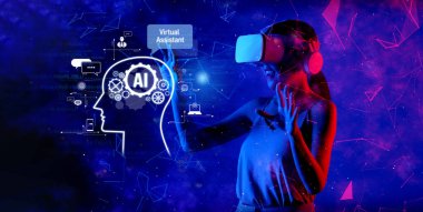 Genç bir kadın, fütüristik grafik ve teknoloji sergileyen canlı bir dijital ortamda yapay zeka asistanıyla etkileşime giren sanal gerçeklik kulaklığı takıyor. XDMCP