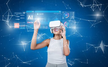 Dinamik genç bir kadın sanal gerçeklik arayüzü ile etkileşime geçerek veri analizi ve yapay zeka gösteriyor ve bu da gelecekteki büyüleyici teknoloji ve yeniliğin bir örneğini veriyor. XDMCP