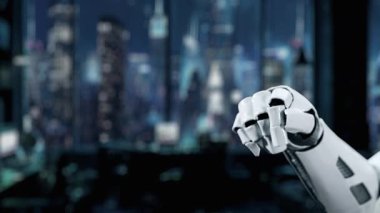Canlı bir şehir zemininde beş yıldızlı dijital ödül sembolünü zarif bir şekilde sergileyen robot bir el, başarı ve teknolojik gelişimin temalarını vurguluyor. Auvana