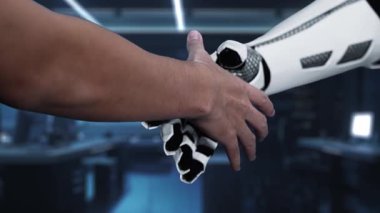 Modern ofis ortamında gelişmiş veri güvenliğini sembolize eden, dijital asma kilit ikonunu gösteren bir insan eli ve robot elin yer aldığı dinamik bir sahne. Auvana