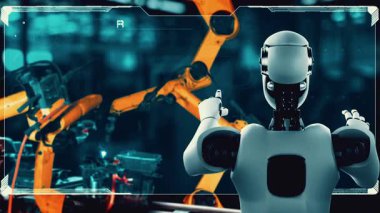 Cybernated industry robot and robotic arms for assembly in factory production . Concept of artificial intelligence for industrial revolution and automation manufacturing process .