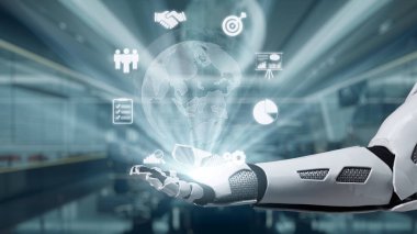 Fütüristik bir robot el, teknoloji ve iş dünyasının kesişmesini sembolize eder. Gösterişli bir ortamda büyümeyi, yeniliği ve işbirliğini temsil eden çeşitli simgeler sergiler. Auvana