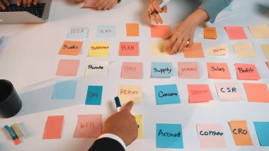 Bir ofis ortamında ekip üyeleri arasında beyin fırtınası, planlama ve iş stratejileri geliştirmek için kullanılan renkli yapışkan notların yer aldığı canlı bir işbirliği ortamı. SACTR