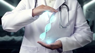 Yetenekli doktorların DNA örneği hologramı hastanede yüzüyor. Profesyonel tıp çalışanı tedaviye hazırlanırken ve genetik testler yaparken semptomları kontrol ediyor. İyileştirici.