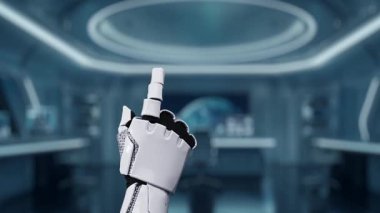 Yüksek teknoloji ortamında parlayan bir işaret levhasına uzanan robotik bir el, başarıyı, onayı ve teknoloji ve yeniliğin ilerlemesini simgeliyor. Auvana