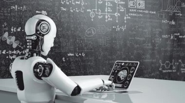 Robot hominoidler dizüstü bilgisayar kullanırlar ve 4. Endüstriyel Devrim için yapay zeka ve makine öğrenme yöntemlerini kullanarak mühendislik bilimi çalışmak için masaya otururlar. 3B görüntüleme