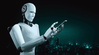 Future financial technology controll by AI robot huminoid uses machine learning and artificial intelligence to analyze business data and give advice on investment and trading decision . 3D rendering .