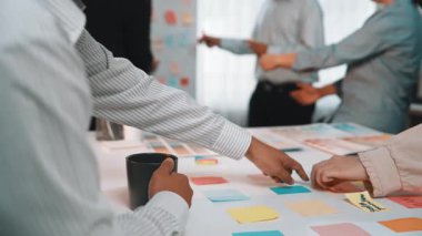 Modern bir ofis sahnesinde işbirlikçi bir takım toplantısı sergilenir. Katılımcılar masadaki yapışkan notlar ve çizelgelerle ilgilenerek yaratıcılığı ve stratejiyi teşvik ediyorlar. SACTR