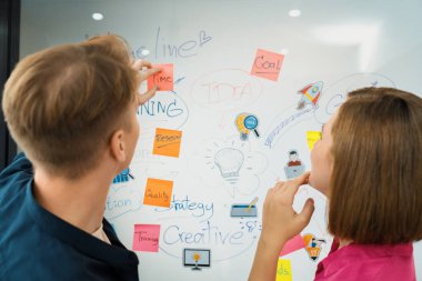 Zihin haritası ve renkli yapışkan notlar kullanarak pazarlama stratejisi hakkında yaratıcı Kafkas iş ekibi beyin fırtınası yapıyor. Yaratıcı iş tartışması ve takım çalışması konsepti. Arkadan bak. - Yakın çekim. Tertemiz..