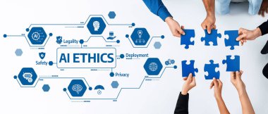 Bu resim yapay zeka etiğinin güvenlik, yasallık, konuşlanma ve mahremiyet gibi çok yönlü yönlerini, sorumlu yapay zeka kullanımı ve yenilikler için gerekli olduğunu göstermektedir. Dostluk