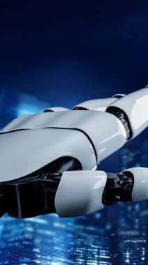 Gelecekçi robot yapay zeka devrimci yapay zeka teknoloji geliştirme ve makine öğrenme kavramı. Gelecekteki insan hayatı için küresel robot engelleme zinciri araştırması. 3B görüntüleme grafiği