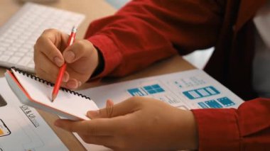 Mobil uygulama için kullanıcı arayüzü prototipi ya da masadaki program modeliyle birlikte web sitesi planlaması yapan bir şirket çalışanı. UX UI tasarımcısı kullanıcı dostu arayüz planını dikkate alır. Sinerjik