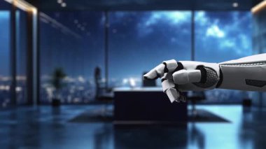 Robot bir el, modern veri yönetim simgeleriyle etkileşimi gösteren sanal bulut grafiklerine işaret ederek, gece ofis ortamındaki yenilikleri sembolize eder. Auvana