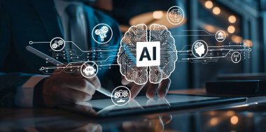 Yapay zeka mühendisliği, büyük veri ve yapay zeka makinesi kavramında yapay zeka beyin işlemcisiyle iş desteği için üretken yapay zeka kullanmayı öğrenen insan etkileşimi. EIDE