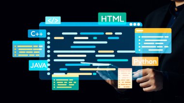 Bir programcı, çeşitli programlama dillerinde yüzen kod parçacıklarıyla çevrili bir tablet tutuyor. Bu görüntü modern yazılım geliştirme ve teknolojinin özünü yakalar. Dörtgen