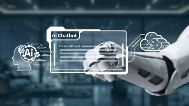 Bir robot el yapay zeka ve modern teknolojinin sinerjisini parlak, dijital çalışma alanında vurgulayan yapay zeka arayüzü ile etkileşime girer. Auvana