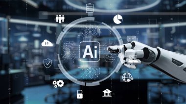 Bir robot el, yapay zekanın teknoloji ve veri analizine entegrasyonunu sembolize eden dijital simgeler ağındaki bir yapay zeka sembolüne işaret ediyor. Auvana