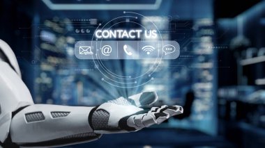 Gösterişli bir robot el, gelecekçi bir ortamda modern iletişim yöntemlerini temsil eden temas sembollerini gösteren dijital bir arayüze doğru uzanır. Auvana