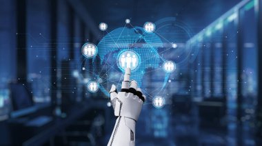 Robotik bir el, insanları temsil eden dijital bir ağ ile etkileşime girer ve modern bir çalışma alanı ortamında teknolojinin ve bağlantının kaynaşmasını resmeder. Auvana