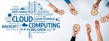 Çeşitli bir ekip bulut hesaplama ve veri analiz kavramları üzerinde işbirliği yaparak, modern iş dünyasındaki teknoloji eğilimlerini ve yenilikçi çözümleri sembolize eden vitesleri sergiliyor. Dostluk