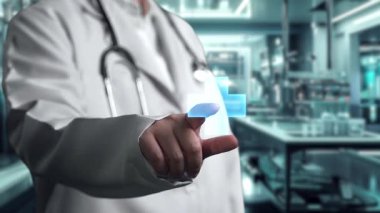 Laboratuvarda yüzen tıbbi çapraz hologramı işaret eden zeki doktorlara yaklaş. Sağlık sistemi ve teşhis semptomlarına erişen profesyonel bir tıp çalışanı. Teknoloji yeniliği. İyileştirici.